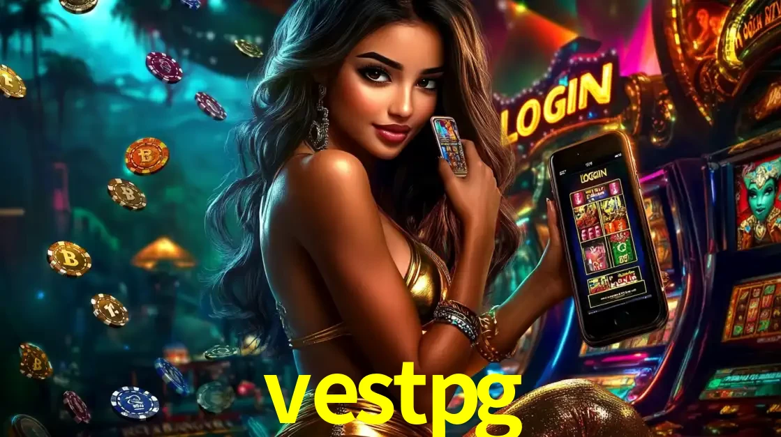 Mulher em um cenário de cassino temático de aventura, mostrando o app de caça-níqueis da vestpg no celular. Fichas de apostas flutuam ao redor.