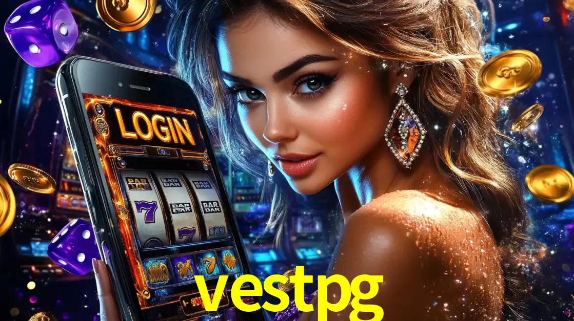 Mulher glamorosa segurando um smartphone com a tela de login para os jogos de caça-níqueis do cassino online vestpg, com moedas de ouro e dados ao redor.